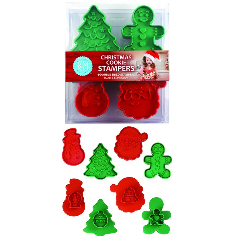 RM Christmas DoubleSided Cookie Cutter Stamper Set of 4 Assorted Designs and Sizes Christmas Tree Snowman Santa Gingerbread Man Green and Red