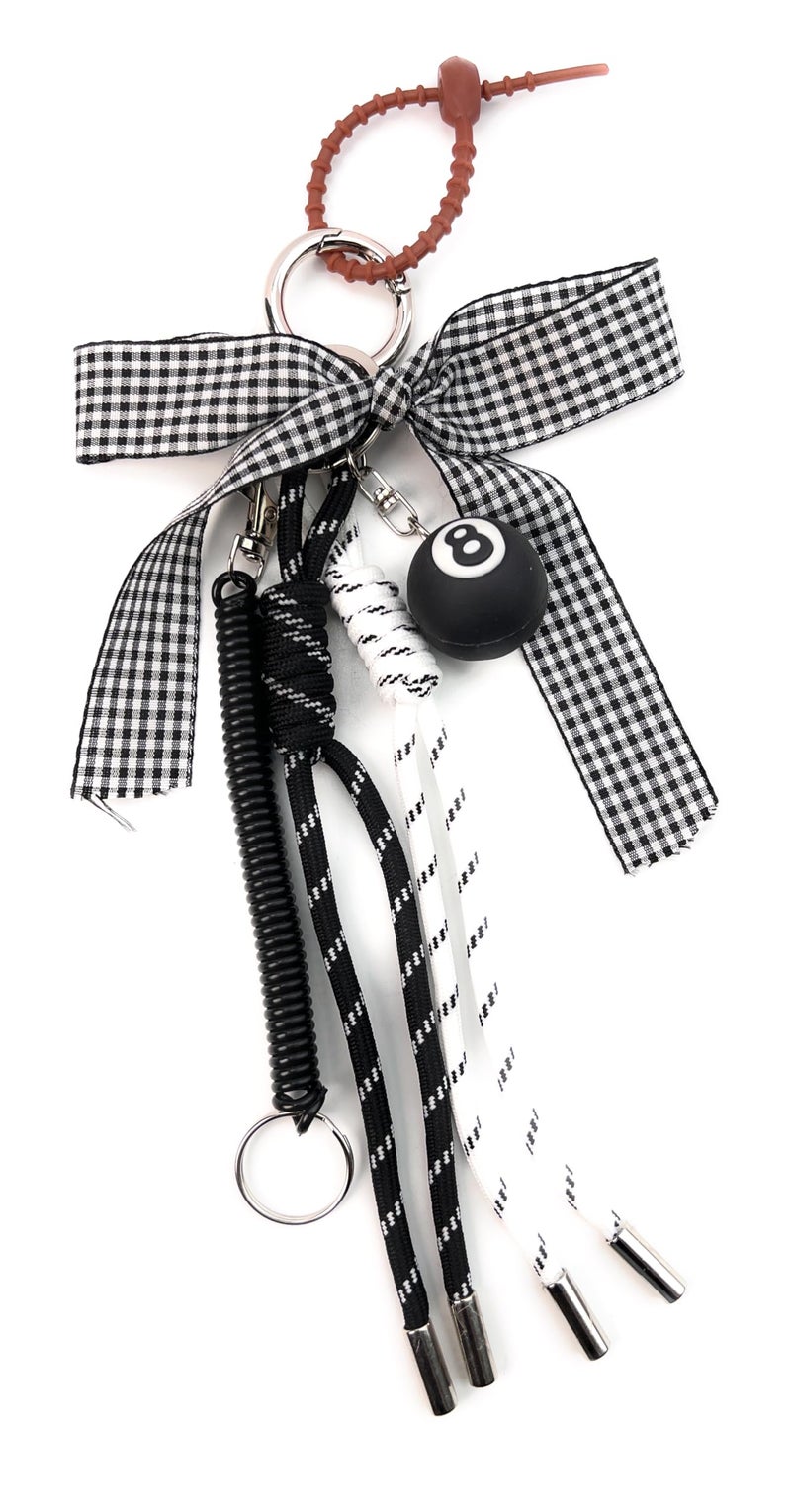 VersaKits Lucky 8 Ball Silver Keychain Bow Bag Charms with Black and White Stylish Ropes & Spring Cord Decorative Accessories for Purses Handbags Backpacks Keys - Image 1