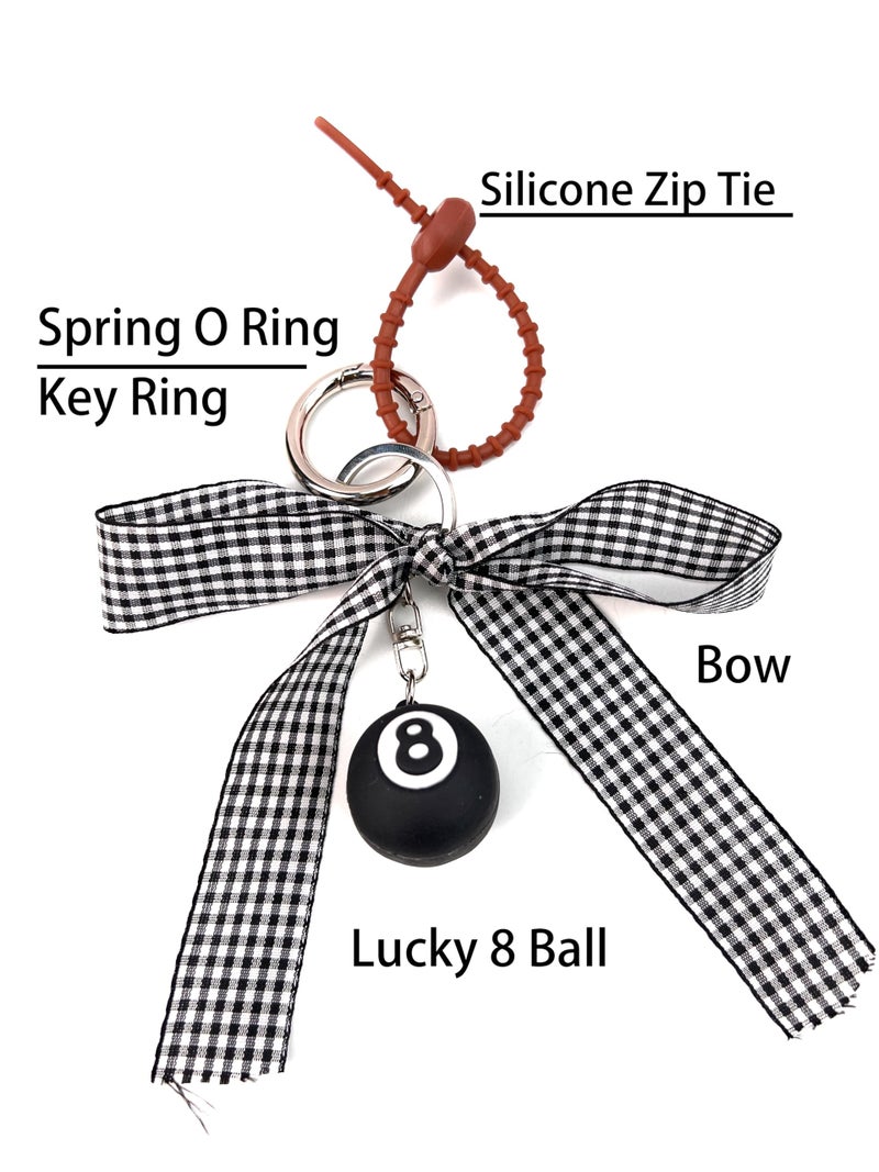 VersaKits Lucky 8 Ball Silver Keychain Bow Bag Charms with Black and White Stylish Ropes & Spring Cord Decorative Accessories for Purses Handbags Backpacks Keys - Image 3