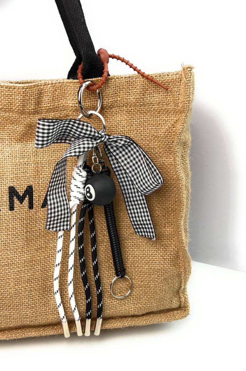 VersaKits Lucky 8 Ball Silver Keychain Bow Bag Charms with Black and White Stylish Ropes & Spring Cord Decorative Accessories for Purses Handbags Backpacks Keys - Image 2