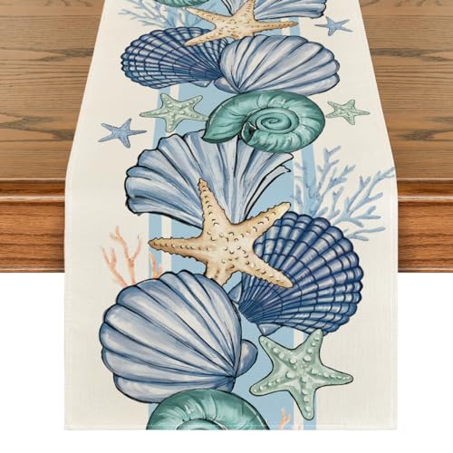 Artoid Mode Sea Shell Starfish Summer Table RunnerSpring Ocean Kitchen Dining Table Decoration for Home Party Decor 13x72 Inch - Image 1