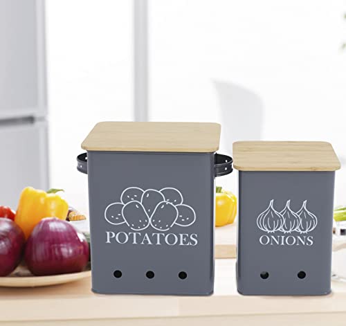Xbopetda Potato Onion Storage Bin, Kitchen Storage Canister Set of 2, Kitchen Pantry Organizer Tin - Vegetable Fresh Keeper with Aerating Tin Storage Holes & Wooden Lid (Black) - Image 4