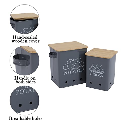 Xbopetda Potato Onion Storage Bin, Kitchen Storage Canister Set of 2, Kitchen Pantry Organizer Tin - Vegetable Fresh Keeper with Aerating Tin Storage Holes & Wooden Lid (Black) - Image 2