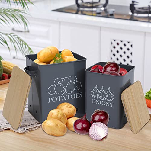 Xbopetda Potato Onion Storage Bin, Kitchen Storage Canister Set of 2, Kitchen Pantry Organizer Tin - Vegetable Fresh Keeper with Aerating Tin Storage Holes & Wooden Lid (Black) - Image 5
