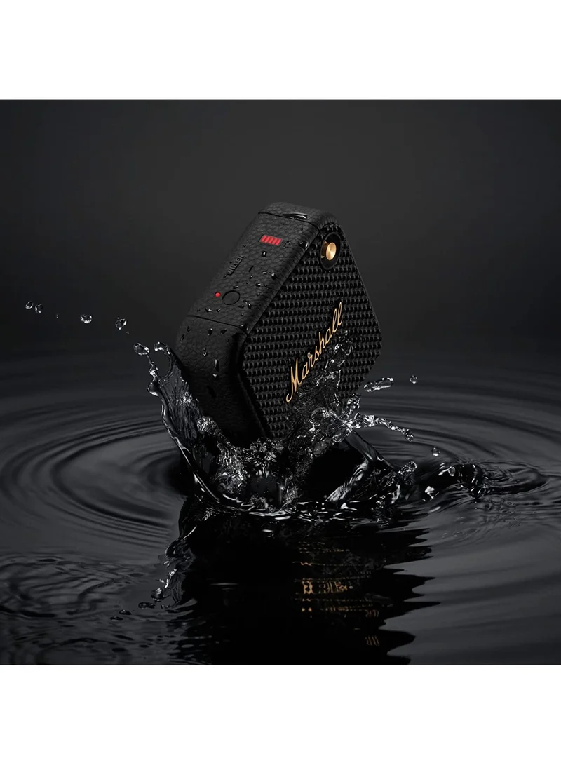 مارشال Marshall Willen Bluetooth Speaker, Wireless, 15+ Hours Playtime, Water-Resistent, Quick Charge, Stackable - Black & Brass