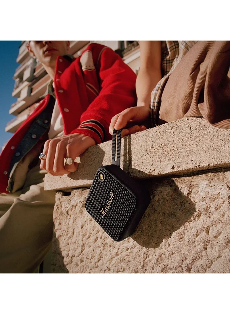 مارشال Marshall Willen Bluetooth Speaker, Wireless, 15+ Hours Playtime, Water-Resistent, Quick Charge, Stackable - Black & Brass
