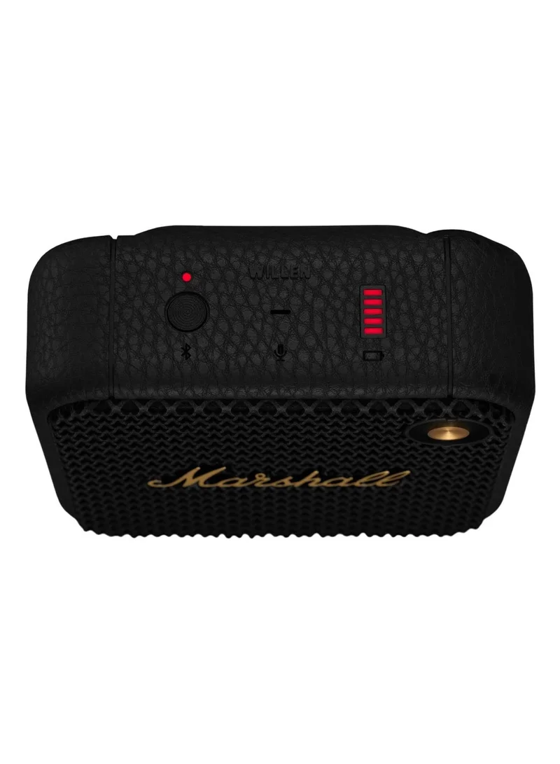 مارشال Marshall Willen Bluetooth Speaker, Wireless, 15+ Hours Playtime, Water-Resistent, Quick Charge, Stackable - Black & Brass