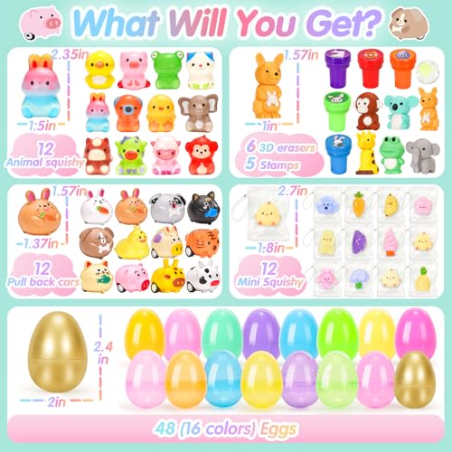 SevenQ Prefilled Easter Eggs 48 Pcs with Squishy Toys Cars Erasers Stamps for Kids Fidget Easter Basket StuffersColorful Egg Fillers for Hunt Pinata Party Favor Bags Classroom Treasure Box Essentials - Image 5
