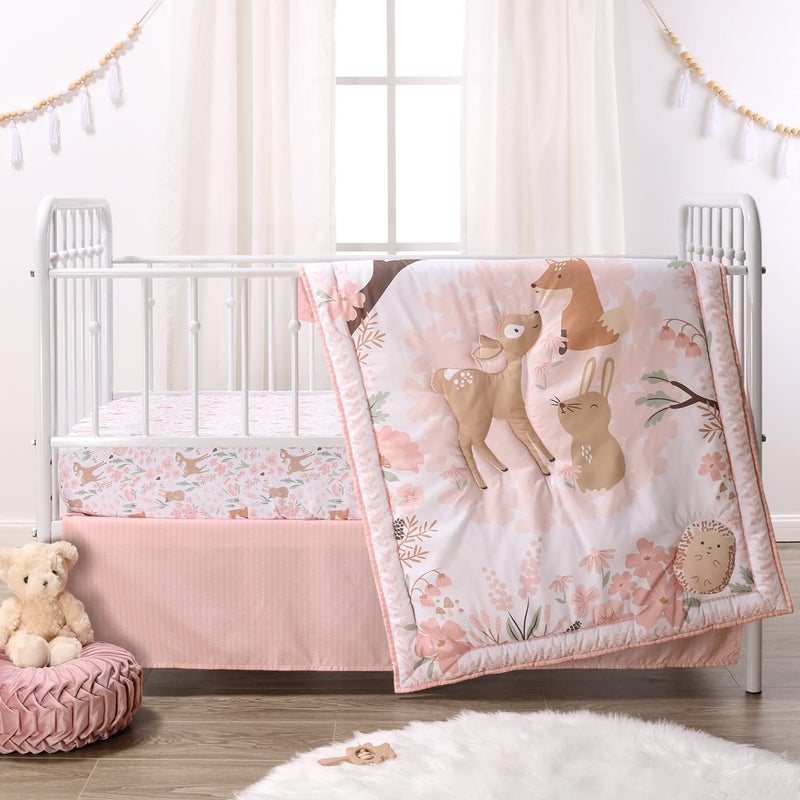 The Peanut Shell The Peanutshell 3 Piece Baby Crib Bedding Set for Girls - Newborn, Infant & Toddler Nursery Bed Set Decor with Fitted Crib Sheet, Dust Ruffle Comforter - Fairytale Forest - Image 1
