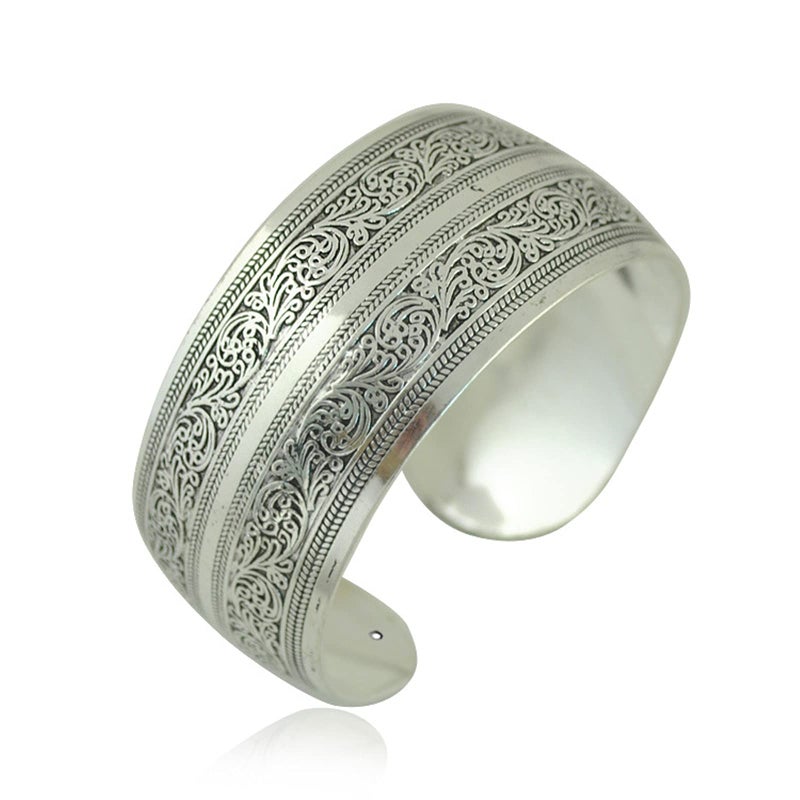 BODYA Tibeten Silver Carved Spiral Flower Connecting Branches Pattern Wide Band Open Cuff Bracelet Bangle for Adult - Image 1