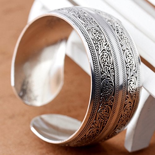 BODYA Tibeten Silver Carved Spiral Flower Connecting Branches Pattern Wide Band Open Cuff Bracelet Bangle for Adult - Image 5