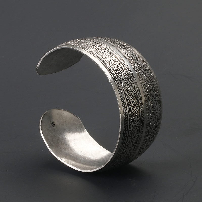 BODYA Tibeten Silver Carved Spiral Flower Connecting Branches Pattern Wide Band Open Cuff Bracelet Bangle for Adult - Image 3