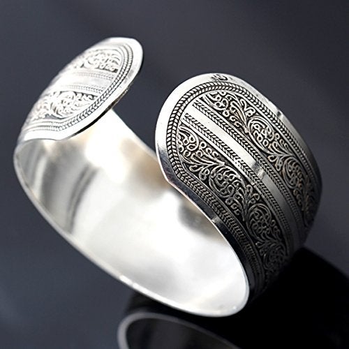BODYA Tibeten Silver Carved Spiral Flower Connecting Branches Pattern Wide Band Open Cuff Bracelet Bangle for Adult - Image 4