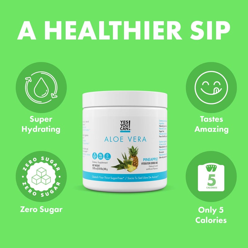 Yes You Can! Organic Aloe Vera Powder Drink Mix - Hydration Booster Infused with Pure Aloe Juice - Delicious Flavors - Made in USA - Antioxidant Rich - Pineapple Flavor - 40 Servings - Image 2