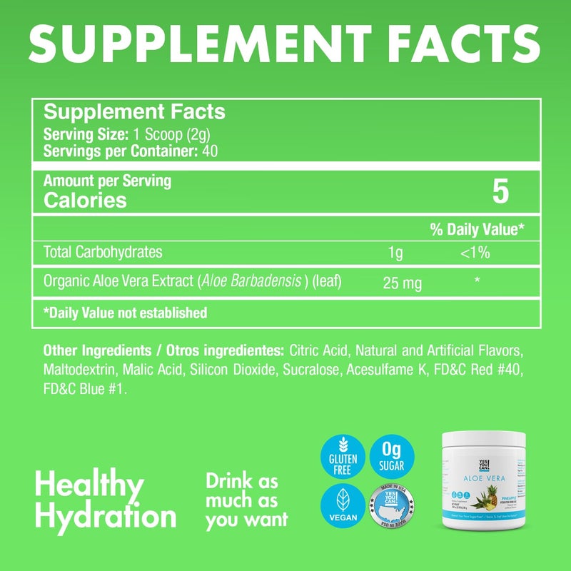 Yes You Can! Organic Aloe Vera Powder Drink Mix - Hydration Booster Infused with Pure Aloe Juice - Delicious Flavors - Made in USA - Antioxidant Rich - Pineapple Flavor - 40 Servings - Image 4