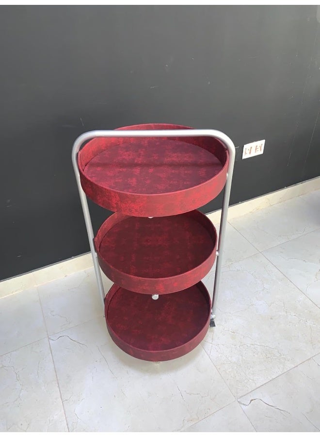 Horoof Market Horoof Home® 3-Tier Round Serving Cart – Metal & Red Leather Utility Storage Trolley with Wheels – Stylish Rolling Bar Cart for Kitchen, Living Room, Office – 45x94 cm,QT030  - Image 1