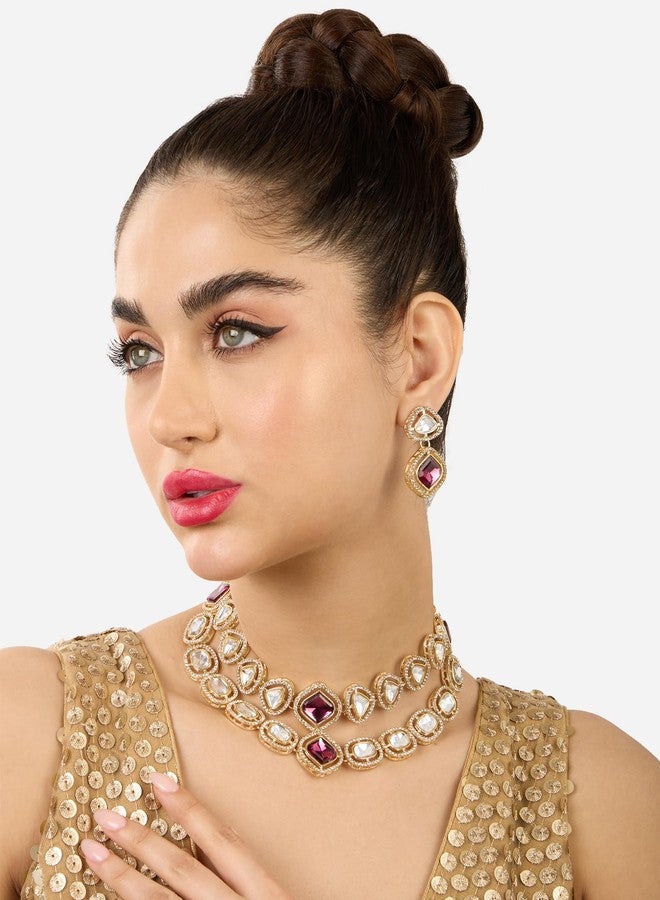 Ami Purple Stones Dazzling Austrian Diamonds Embellished Layered Necklace and Earring Set For Women-ZPFK21068 - Image 2