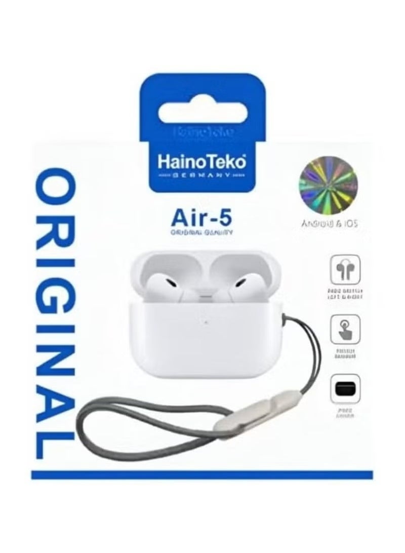 Air 5 Germany Wireless In-Ear Bluetooth Earphones – Haino Teko Air 5, Compatible with iPhones & Androids, High-Quality Sound, Comfortable Fit, Long Battery Life, Touch Control, Noise Isolation, Sleek White Design - Image 3