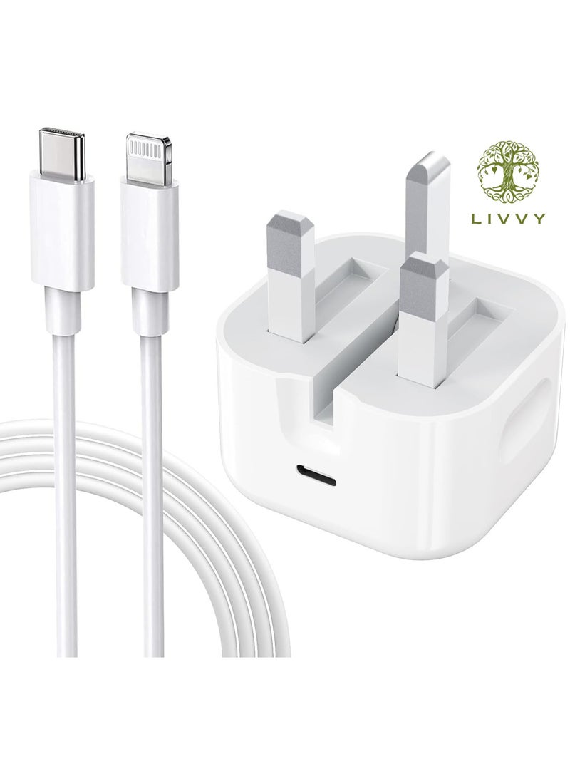 LIVVY - 20W USB-C Fast Charger for iPhone 14/13/12/11 Pro Max/Plus/XR/XS/SE/X - 2M Foldable Wall Plug & 6.6FT Fast Charging Cable, UK PD Type-C Power Adapter - Image 1