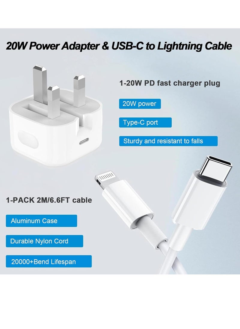 LIVVY - 20W USB-C Fast Charger for iPhone 14/13/12/11 Pro Max/Plus/XR/XS/SE/X - 2M Foldable Wall Plug & 6.6FT Fast Charging Cable, UK PD Type-C Power Adapter - Image 1