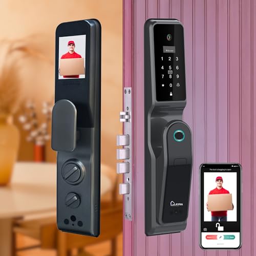 LAVNA 8 Way Premium Smart Door Lock with Camera N Face, Fingerprint, Mobile App, WiFi + Bluetooth, RFID Card, OTP, PIN and Manual Key | 5-Bolt Security | for Wooden Doors 3 Yr Warranty (LA44 Face) - Image 1