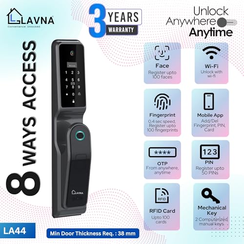 LAVNA 8 Way Premium Smart Door Lock with Camera N Face, Fingerprint, Mobile App, WiFi + Bluetooth, RFID Card, OTP, PIN and Manual Key | 5-Bolt Security | for Wooden Doors 3 Yr Warranty (LA44 Face) - Image 5