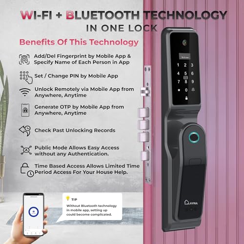 LAVNA 8 Way Premium Smart Door Lock with Camera N Face, Fingerprint, Mobile App, WiFi + Bluetooth, RFID Card, OTP, PIN and Manual Key | 5-Bolt Security | for Wooden Doors 3 Yr Warranty (LA44 Face) - Image 3