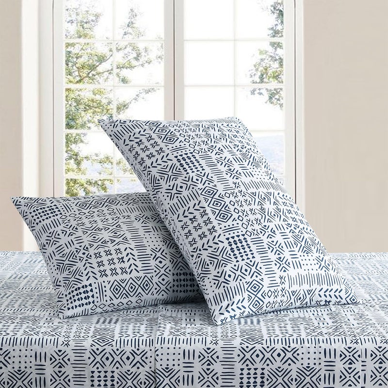 Indigo Ink Indigo Ink - Full Size Sheet Set  4-Piece Boho Geometric Patterned Bedding  Soft & Wrinkle Resistant (White Denim Collection  Navy Blue)  - Image 2