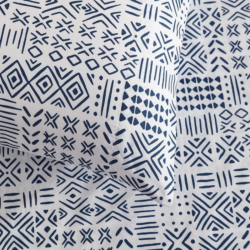 Indigo Ink Indigo Ink - Full Size Sheet Set  4-Piece Boho Geometric Patterned Bedding  Soft & Wrinkle Resistant (White Denim Collection  Navy Blue)  - Image 3