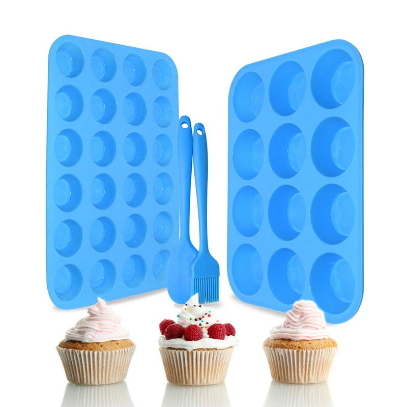 Silicone Muffin Pan Cupcake Set  NonStick 12 Cups and Mini 24 CupsSilicone Baking MoldsBPA Free Muffin Tin with 1 Silicone Spatula  1 Oil Brush blue