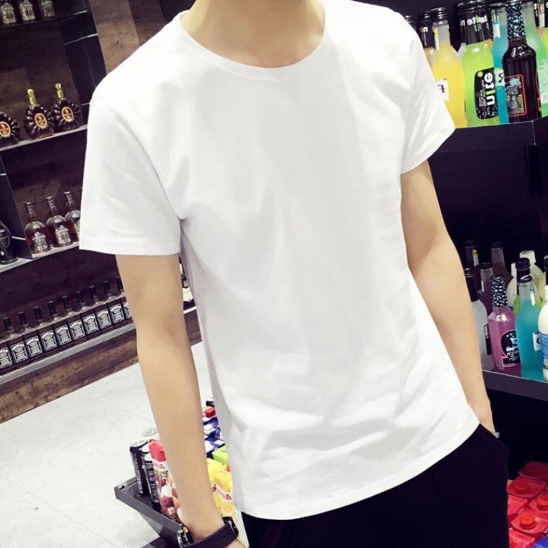 Summer Linen Blend Mens Shirt Mid-Sleeve Trendy Short round white T-shirt 