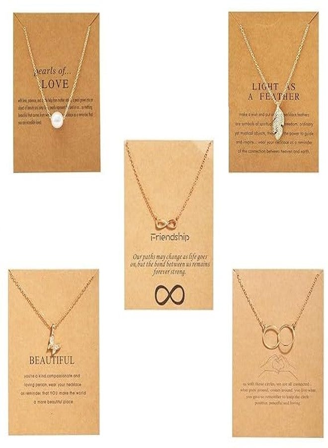 Brigand Dainty Inspirational Necklace Set, 5 Pieces Gold Plated Pendant Collection with Pearl, Butterfly, Infinity Designs for Women and Girls, Love and Friendship Theme - Jewellery Set for Women - Image 1