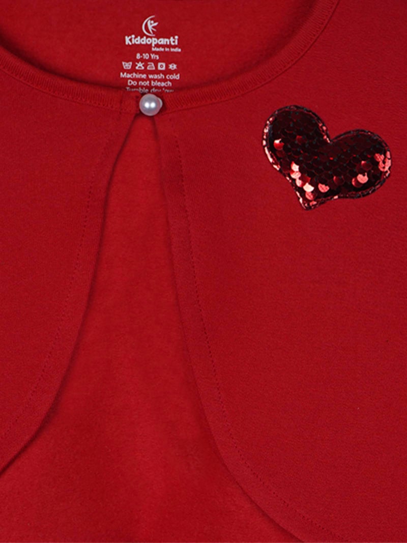 KiddoPanti Girls Crop Length Shrug | Cotton Poly Fleece Fabric |Sequin Patch on Chest | Front Open Pearl Button Closure | Crop Length, Full Sleeve | Girls Shrug,Red Heart - 4-6Y - Image 4