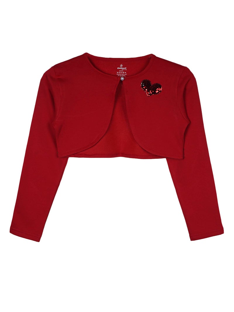 KiddoPanti Girls Crop Length Shrug | Cotton Poly Fleece Fabric |Sequin Patch on Chest | Front Open Pearl Button Closure | Crop Length, Full Sleeve | Girls Shrug,Red Heart - 4-6Y - Image 1