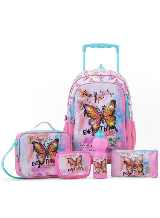Eazy Kids مجموعة إزي كيدز من 5 حقائب مدرسية بعربة 17" - فراشة منت - Image 1