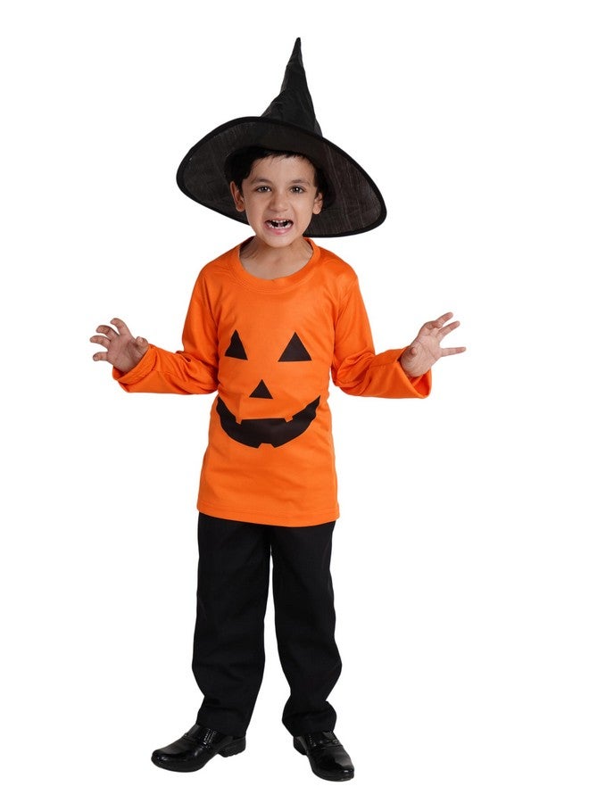 Kaku Fancy Dresses Kaku Fancy Dresses Polyester Pumpkin T-Shirt with Hat Fancy Dress Halloween Costume for Kids, 7-8 Years, Orange and Black  - Image 1