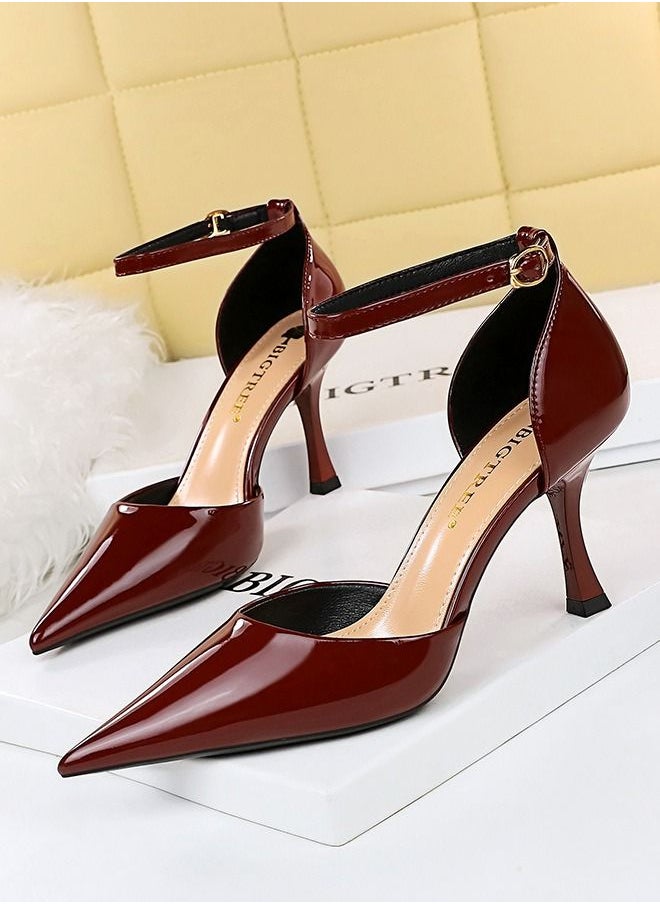BIGTREE Pointed One-Line High-Heeled Sandals 8CM Wine Red  - Image 1