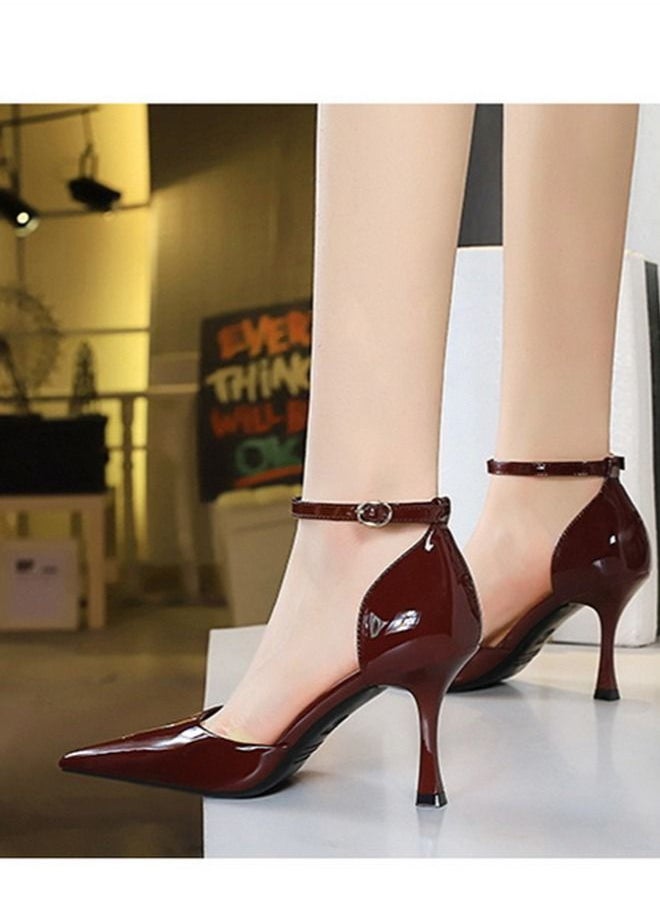 BIGTREE Pointed One-Line High-Heeled Sandals 8CM Wine Red  - Image 4