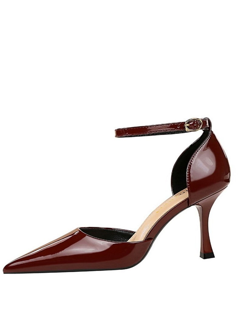 BIGTREE Pointed One-Line High-Heeled Sandals 8CM Wine Red  - Image 5