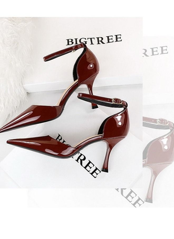 BIGTREE Pointed One-Line High-Heeled Sandals 8CM Wine Red  - Image 2