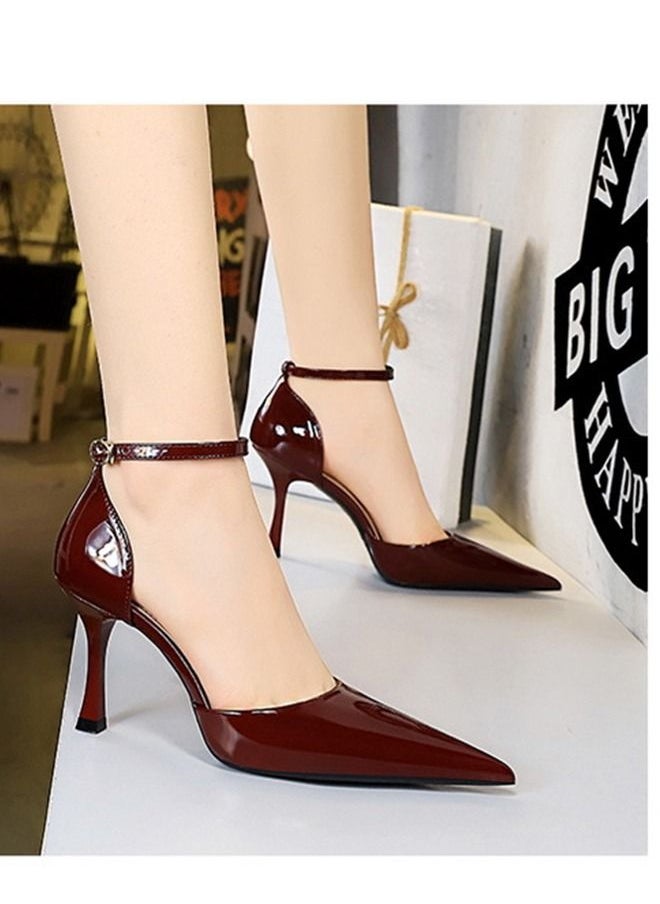 BIGTREE Pointed One-Line High-Heeled Sandals 8CM Wine Red  - Image 3