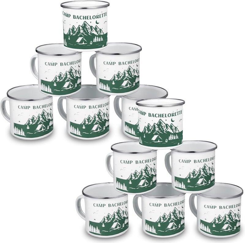 Yaomiao 12 Pcs Camp Bachelorette Decorations Enamel Mugs Portable Smooth Rim Enamel Mug for Bridesmaids Bridal Wedding Gifts Friend Mug Bachelorette Party Gift Green Camp Bachelorette - Image 1