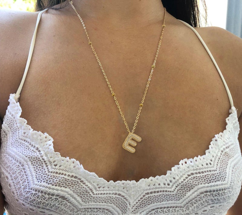 FUTIMELY Gold Bubble Initial Letter Necklace for Women,Puffy Alphabet Name Pendant Necklace for Personalized Gifts,Trendy Balloon Chain Zircon Crystal Necklace (E) - Image 5
