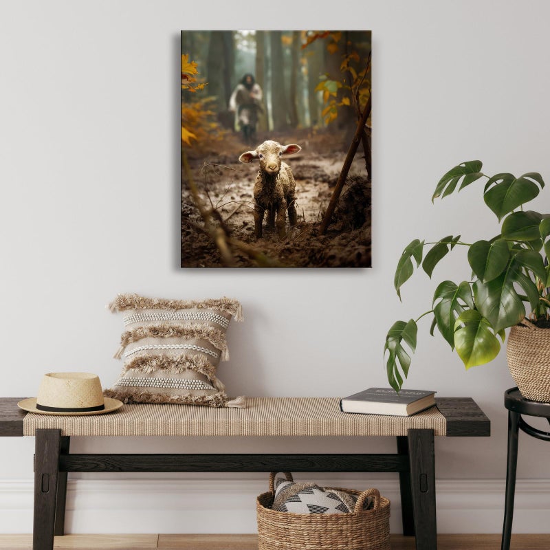 Ploceiny Jesus wall art decor Christian wall art Jesus and Lamb Canvas Wall Art Jesus Running After Lost Lamb Picture Wall Art Canvas Print Christian Lamb of God Home Decor Jesus Saves the Lamb a lost lamb - Image 2