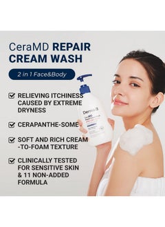 derma b Derma B CeraMD Repair Cream Wash, Unscented Fragrance Free Creamy Face & Body Cleanser for Dry Sensitive Itchy Skin, Deep Moisture Paraben-Free Body Wash, Cream to Foam Cleanser, 13.5 Fl. Oz., 400ml  - Image 2