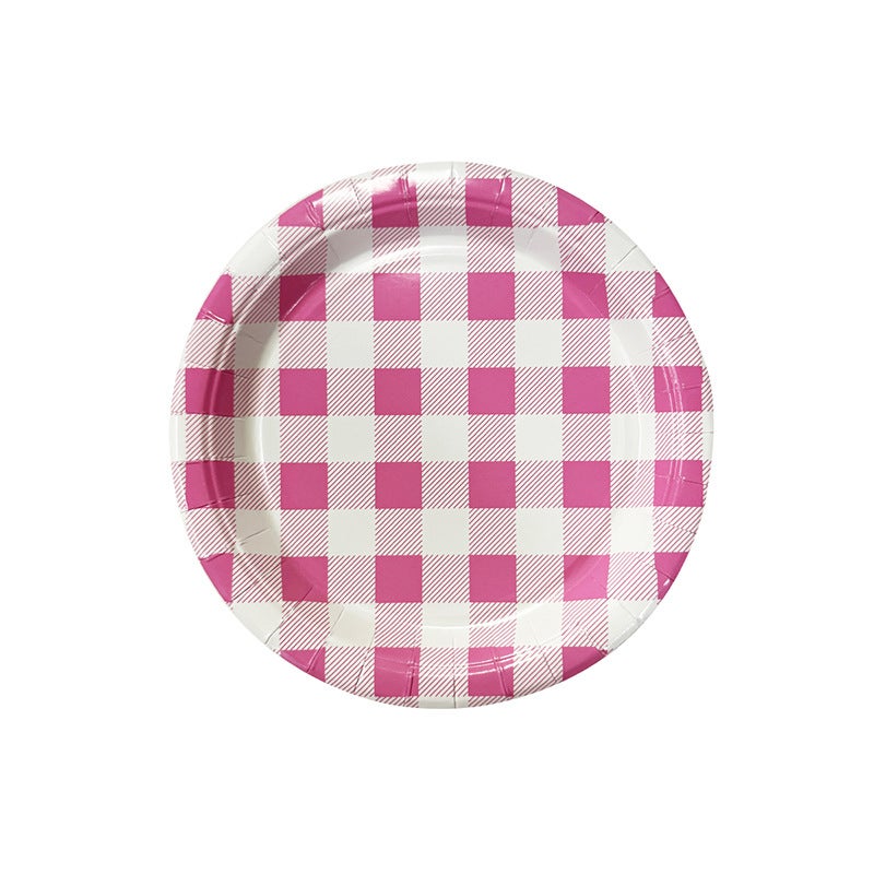 Colorful Plaid Paper Plates Cups Disposable Party Tableware Set 7-inch pink checkered paper plates 20