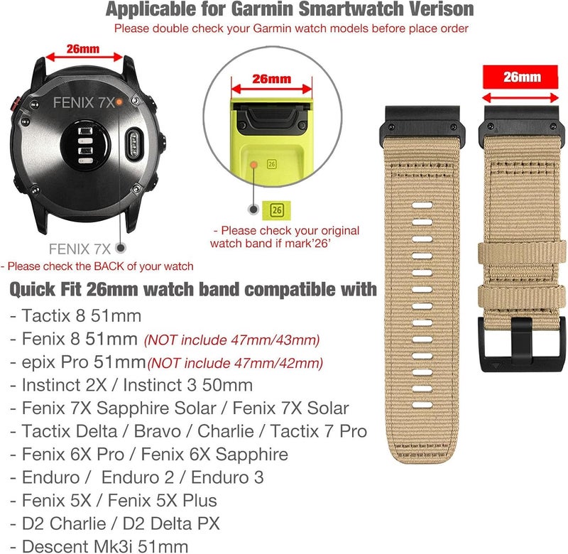 Abanen Rugged Nylon Watch Bands for Garmin Fenix 7X / Fenix 6X / Fenix 5X/Enduro 2, Quick Fit 26mm Adjustable Woven Nylon Sports Wrist Strap with Stainless Steel Clasp for Tactix 7 Pro, epix Pro 51mm - Image 2