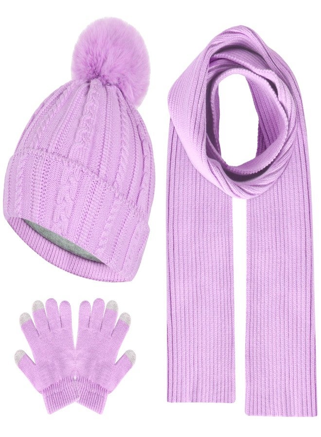 Leezead Kids Winter Hat Gloves Scarf Set Winter Knit Beanie Cap with Pompom Scarf Gloves Warm Set for Toddlers Girls Ages 2-8 - Image 1
