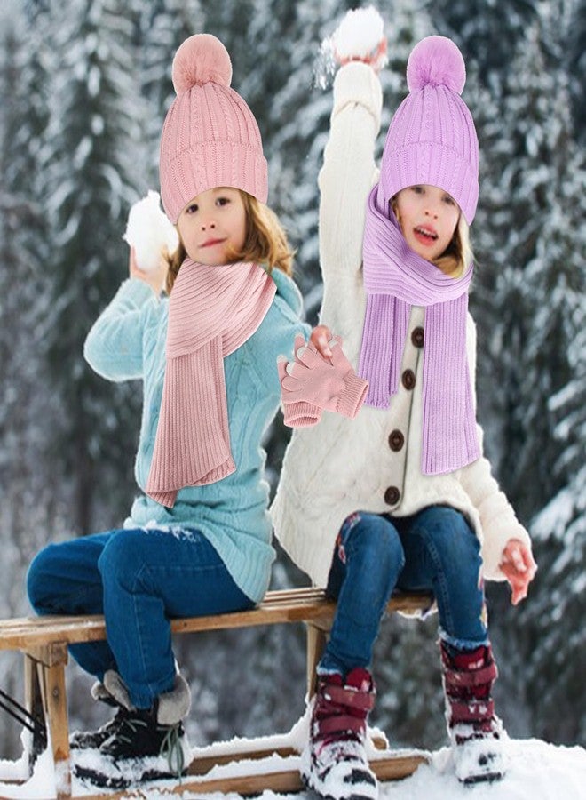Leezead Kids Winter Hat Gloves Scarf Set Winter Knit Beanie Cap with Pompom Scarf Gloves Warm Set for Toddlers Girls Ages 2-8 - Image 3