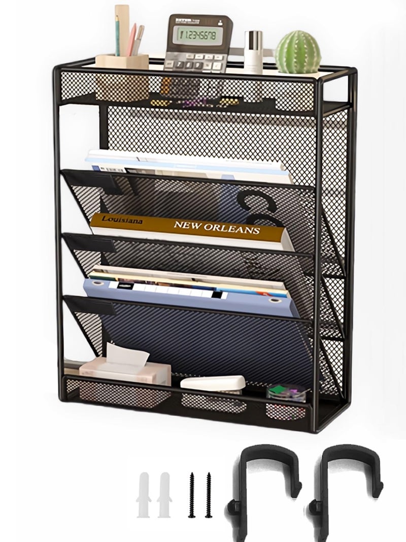 ZNMYDMT 5 Tier Mesh Wall File Organizer3 Pockets vertical Mount Hanging Organizer with TopBottom Tray 2 Hooks Wall Mount Door Hanging for Office Home - Image 2